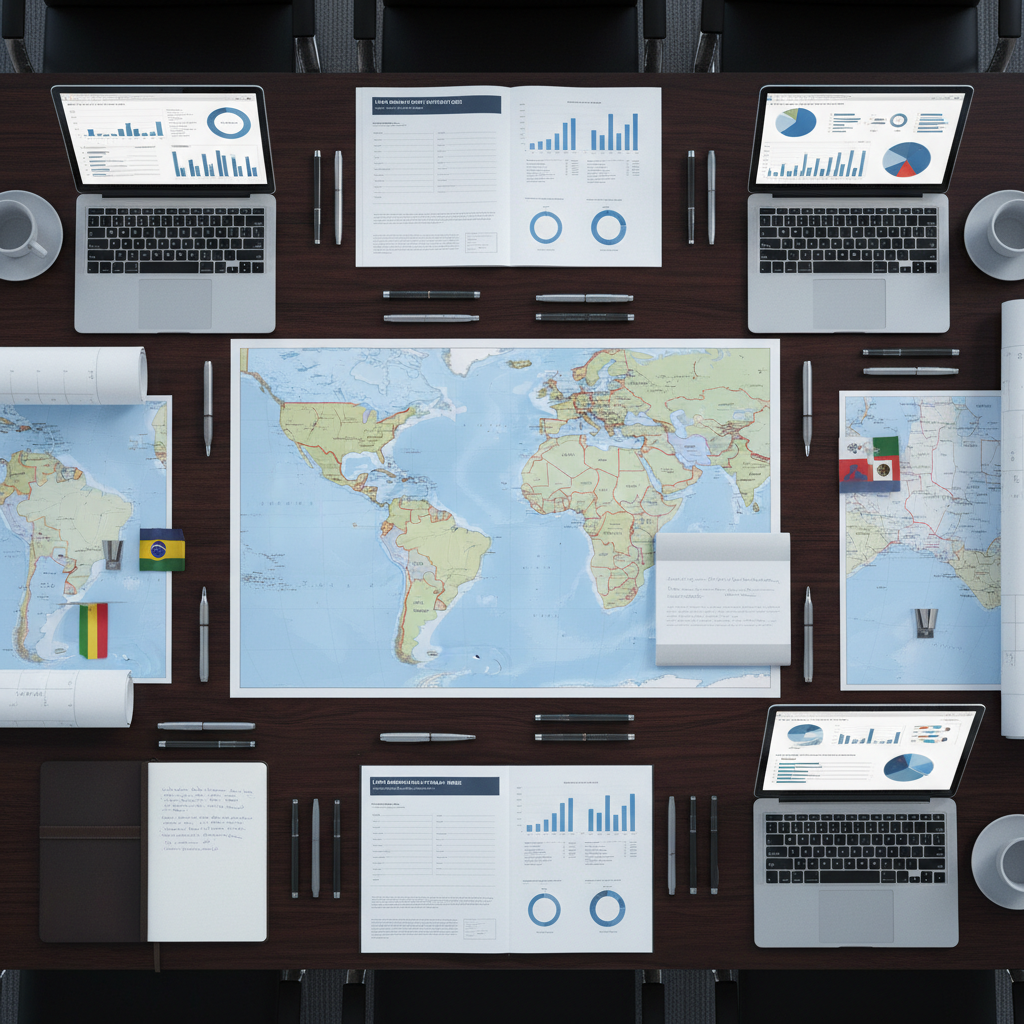 A refined, dark wood conference table seen from above, covered with neatly arranged, high-quality printed market entry plans, detailed maps of Latin America, and sleek metallic pens aligned with precision. Laptops with glowing screens display charts and expansion timelines, while small, discrete flags of different LATAM countries are placed beside specific documents. Soft, cool-toned overhead lighting creates subtle highlights on the paper textures and brushed metal surfaces, with gentle shadows defining each object. The bird’s-eye photographic composition emphasizes structure and organization, with sharp focus across the frame. The mood is analytical, methodical, and highly professional, reflecting deep strategic planning for entering emerging markets.